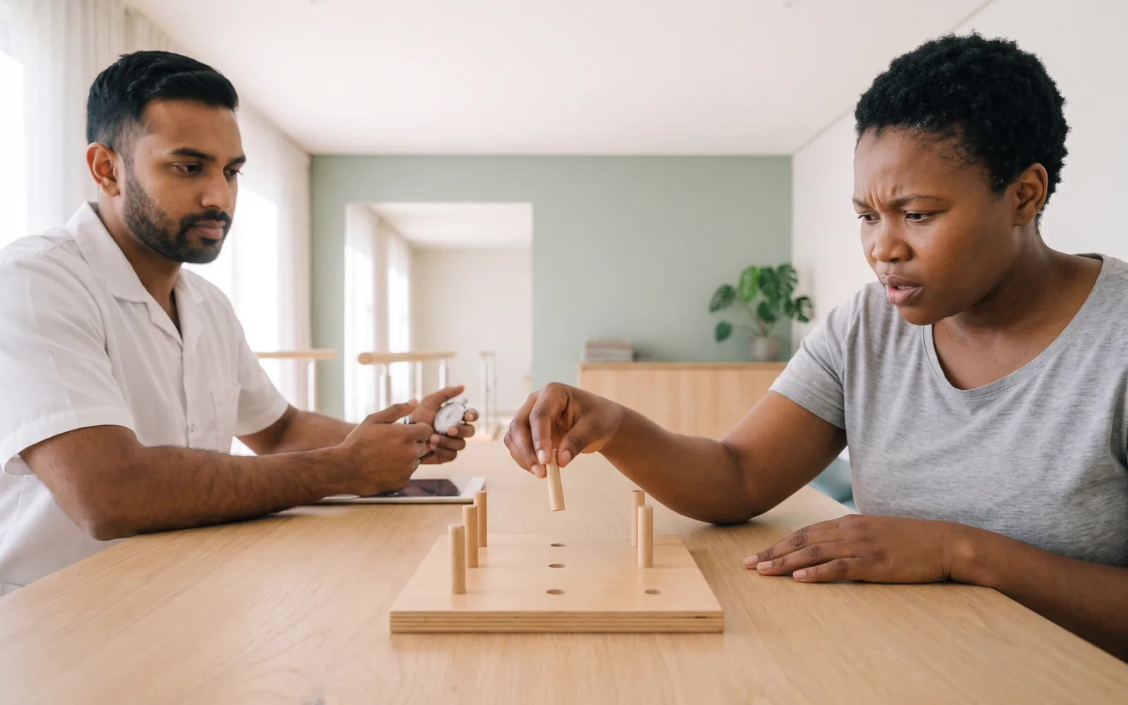 An occupational therapist timing a patient placing pegs into a nine-hole board