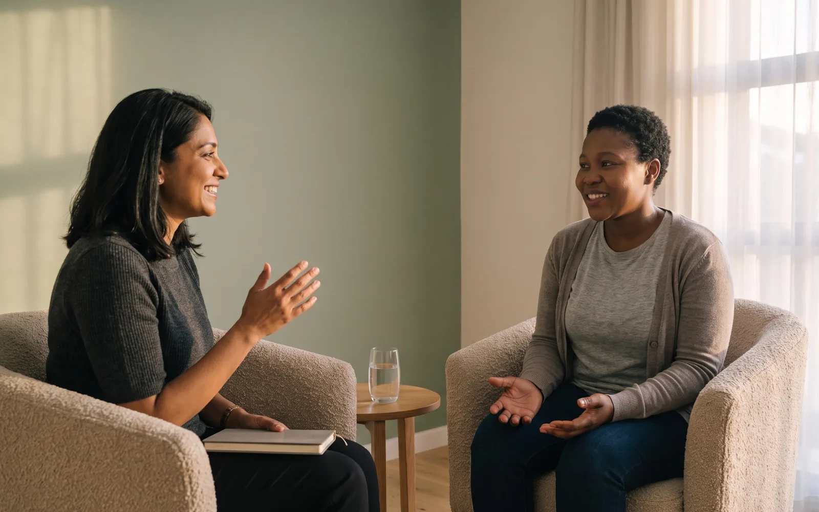 A psychologist and a patient talking in armchairs, both smiling