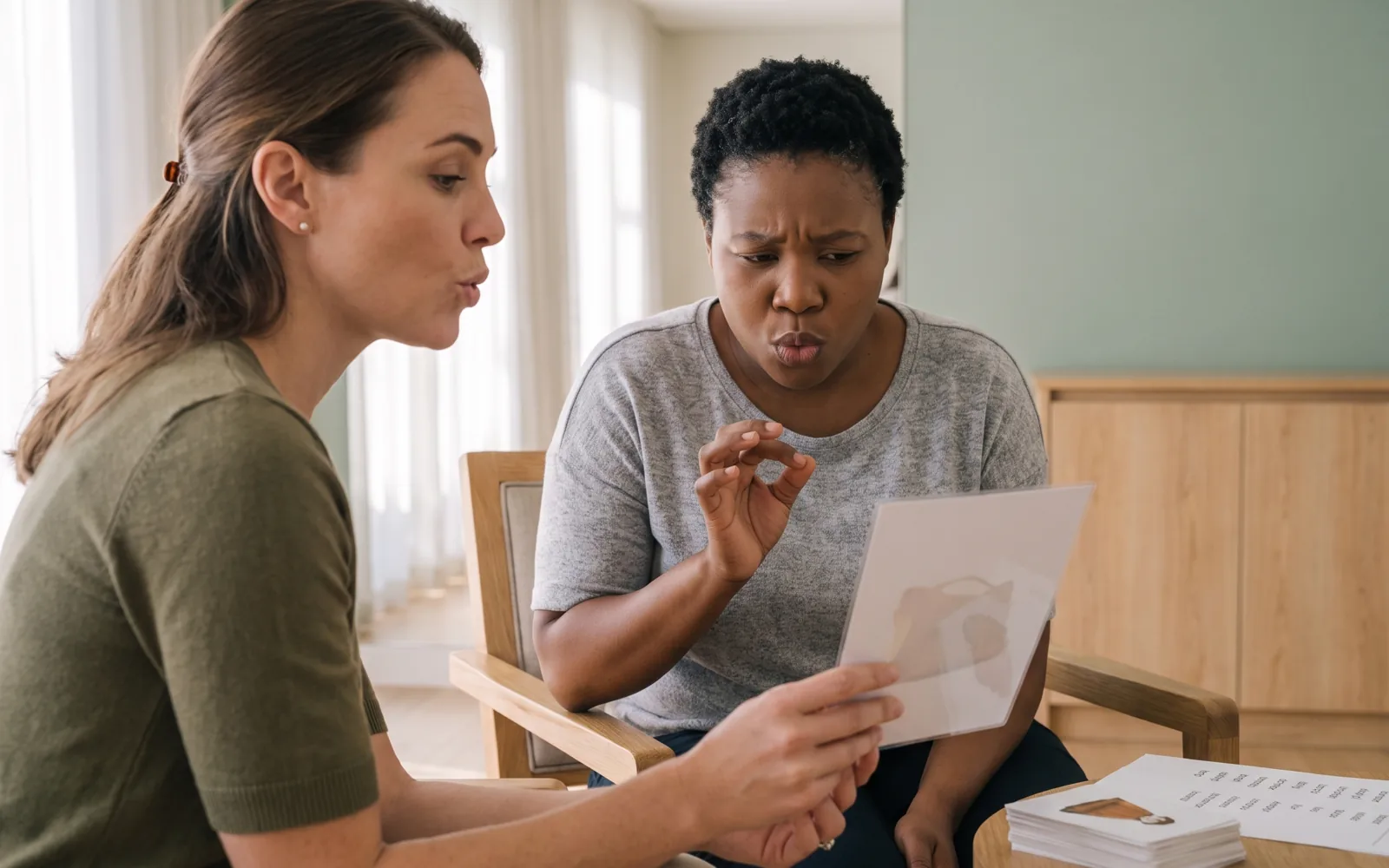 A speech therapist and a patient working through picture cards to find a word